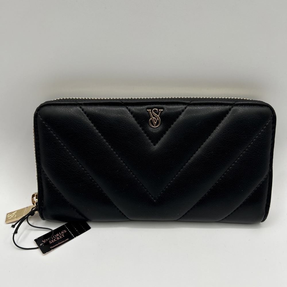 Victoria's Secret Black Quilted Wallet Zip Around Gold VS Monogram NWT